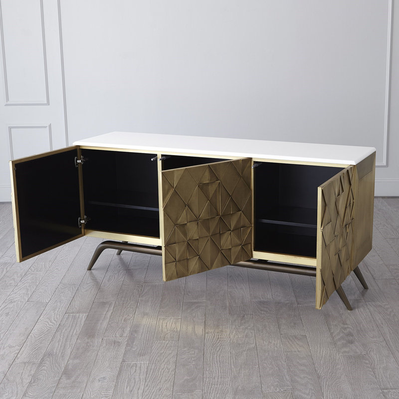 Polished Brass Triangle Cabinet with Marble Top and Adjustable Shelves