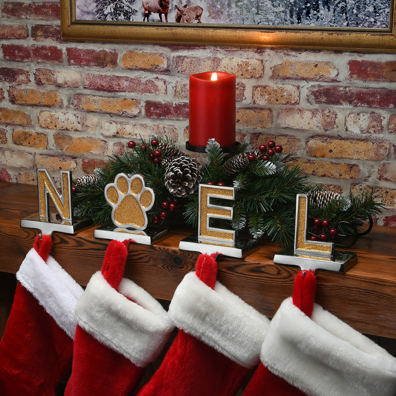 5" Gold Sparkle NOEL Stocking Holders with Paw Print, 4-Piece Set
