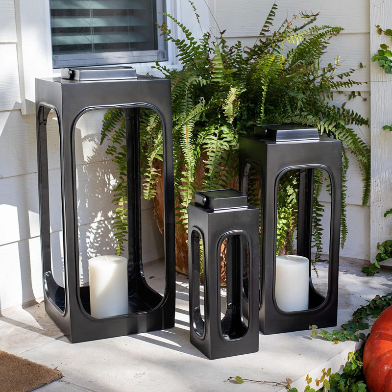 Black Aluminum Farmhouse Hanging Candle Lantern Set