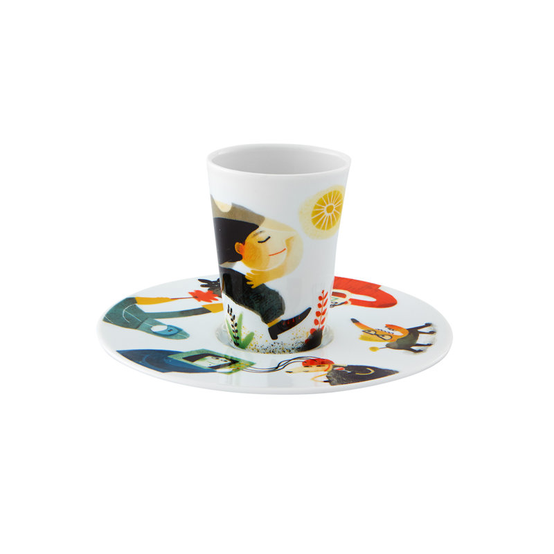 Contemporary Multicolor Ceramic Coffee Cup with Saucer