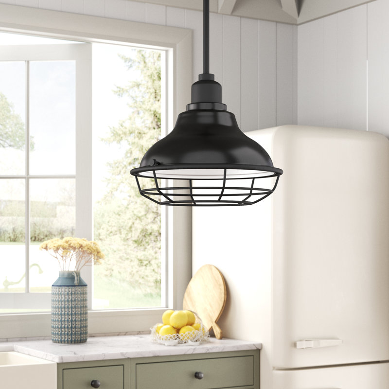 Gloss Black and Silver Industrial Pendant Light with Metal Cage