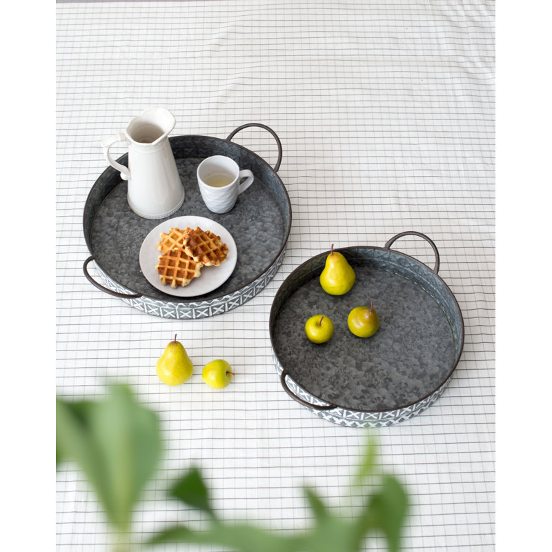 Gray and White Iron Round Trays with Handles - Set of 2