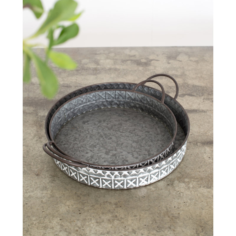 Gray and White Iron Round Trays with Handles - Set of 2