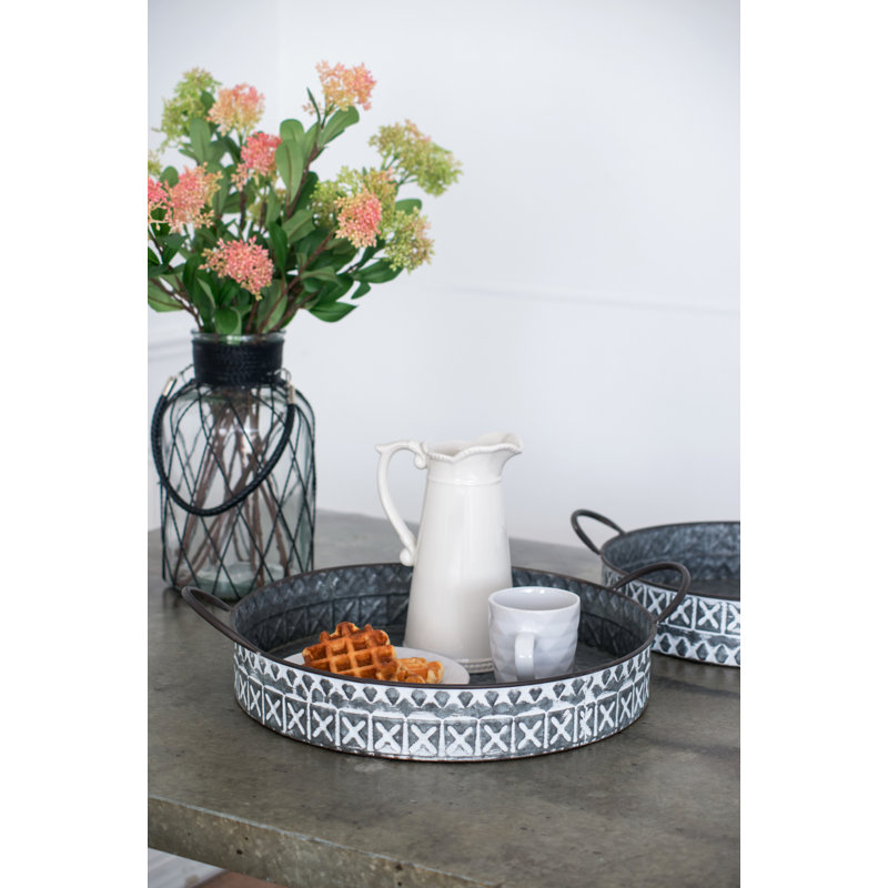 Gray and White Iron Round Trays with Handles - Set of 2
