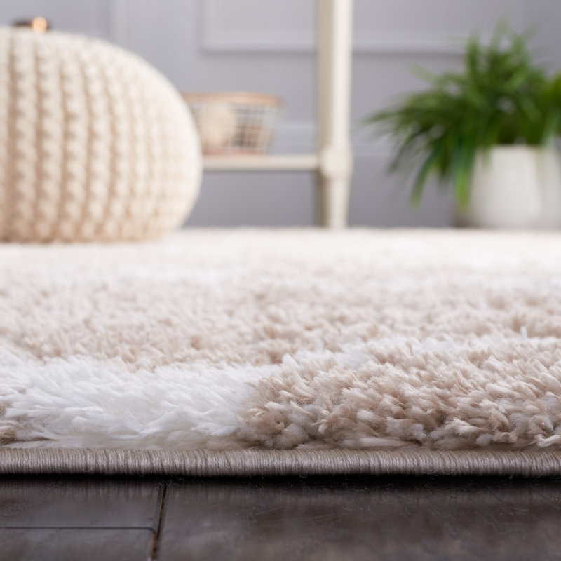 Beige and White Geometric Shag Area Rug, 9' x 12'