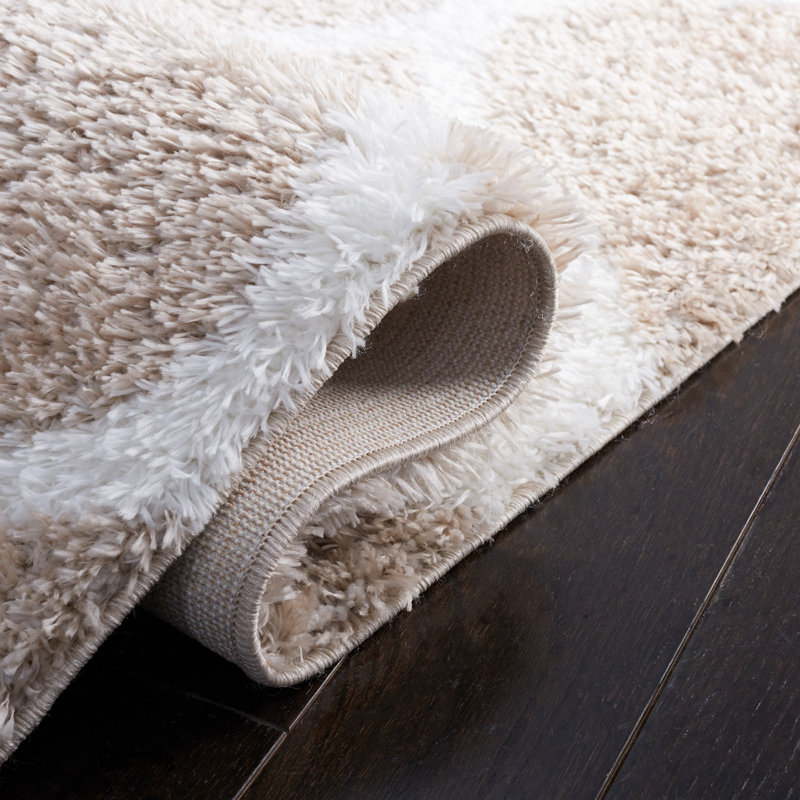 Beige and White Geometric Shag Area Rug, 9' x 12'