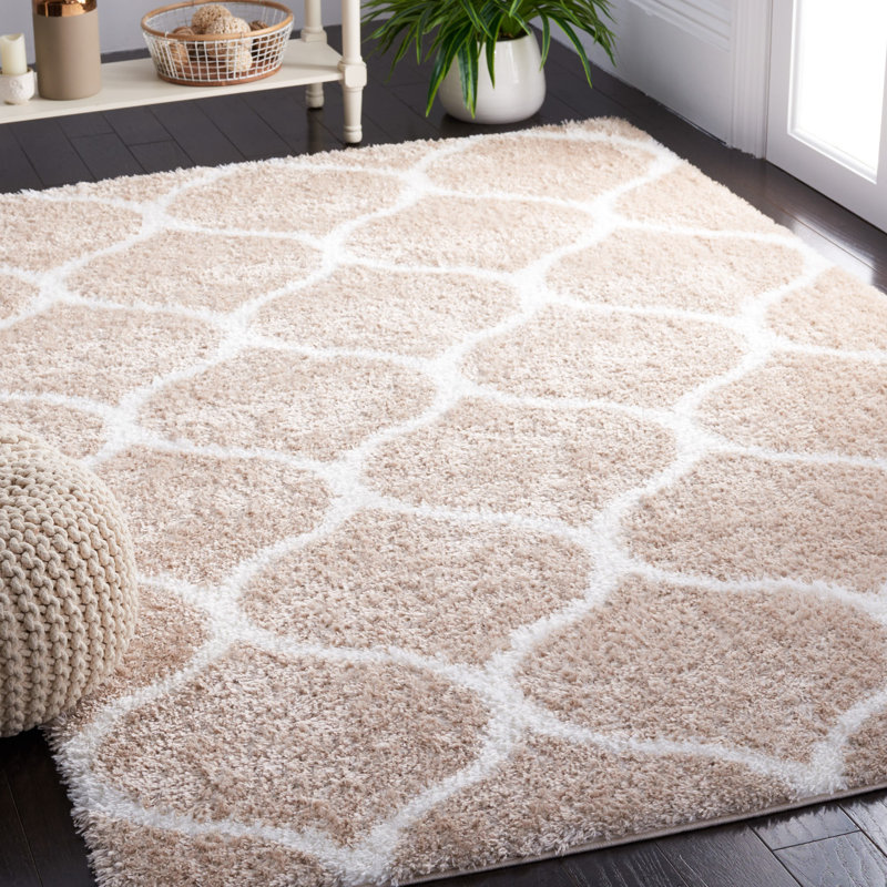 Beige and White Geometric Shag Area Rug, 9' x 12'