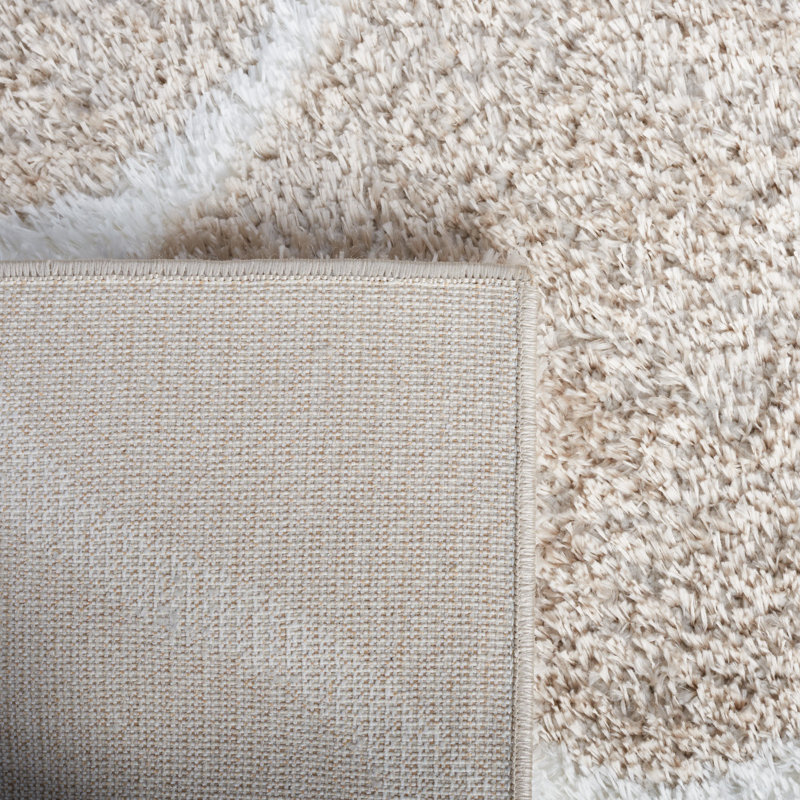 Beige and White Geometric Shag Area Rug, 9' x 12'