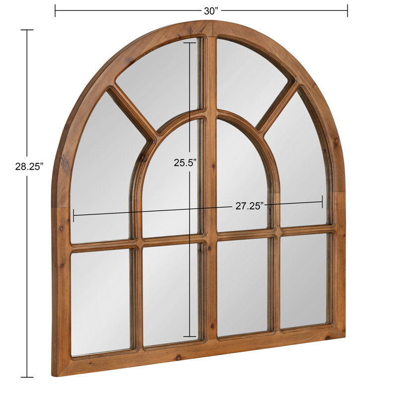 Rustic Brown Wood Arched Windowpane Wall Mirror