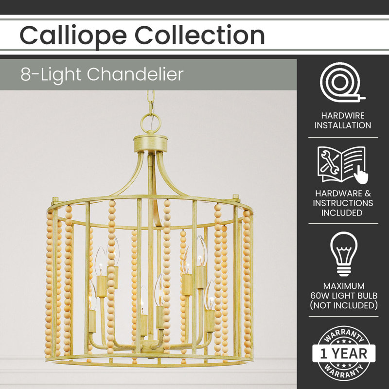 Calliope Antique Cream and Natural Wood Beaded 8-Light Chandelier