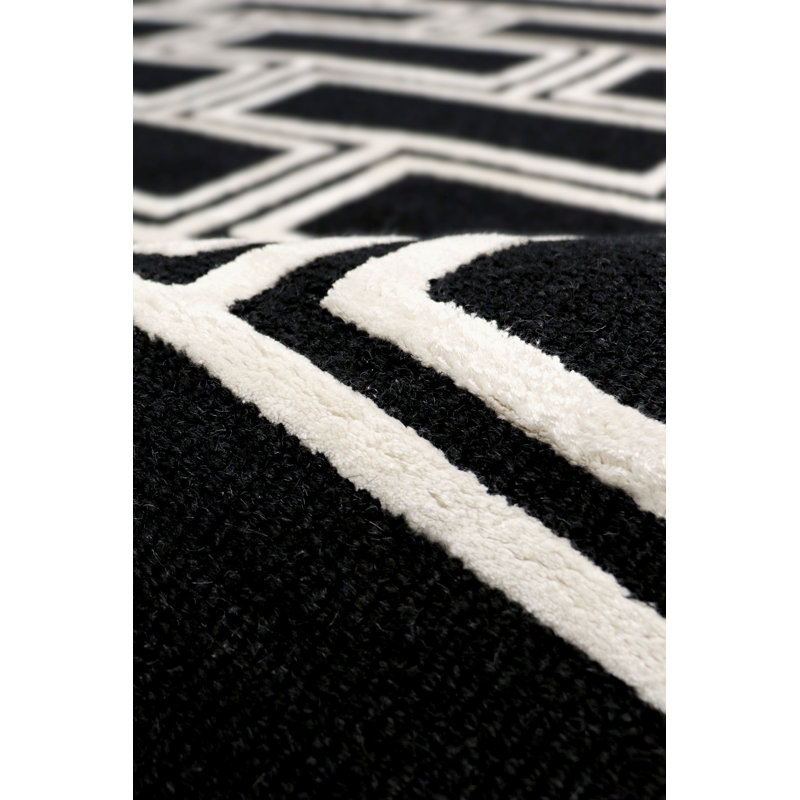 Black and White Rectangular Hand-Tufted Wool Rug