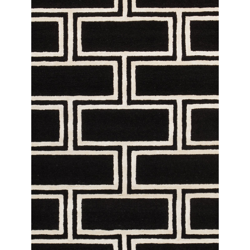 Black and White Rectangular Hand-Tufted Wool Rug