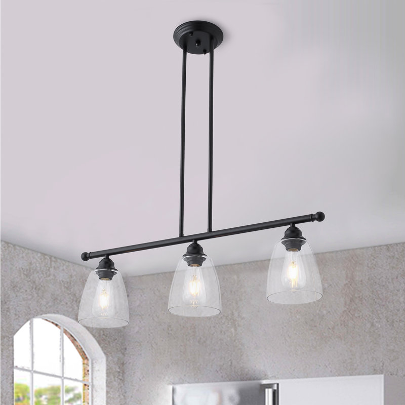 Farmhouse 3-Light Black Metal and Clear Glass Tiered Kitchen Island Pendant