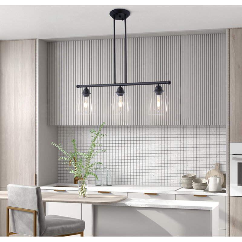 Farmhouse 3-Light Black Metal and Clear Glass Tiered Kitchen Island Pendant