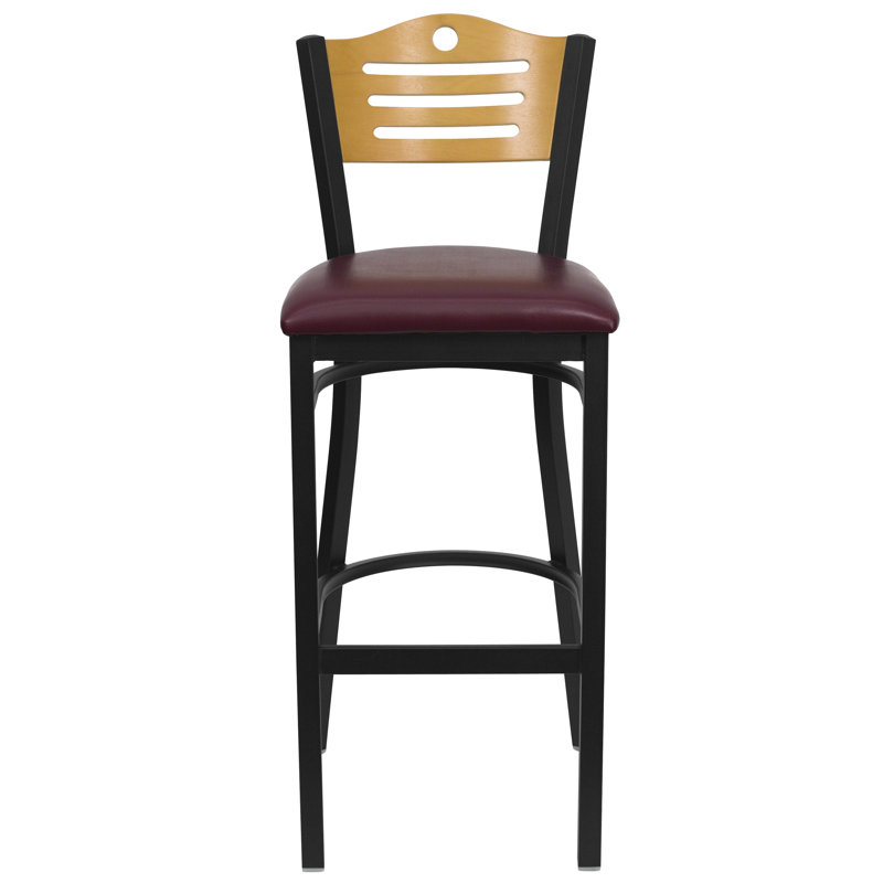 Black Metal Bar Stool with Decorative Cutout Back and Vinyl Seat
