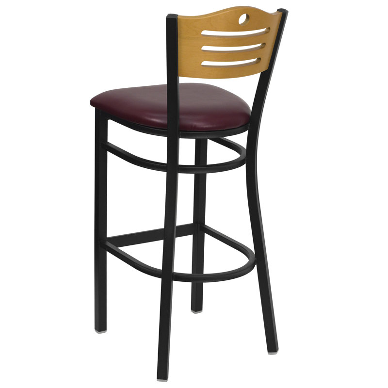 Black Metal Bar Stool with Decorative Cutout Back and Vinyl Seat