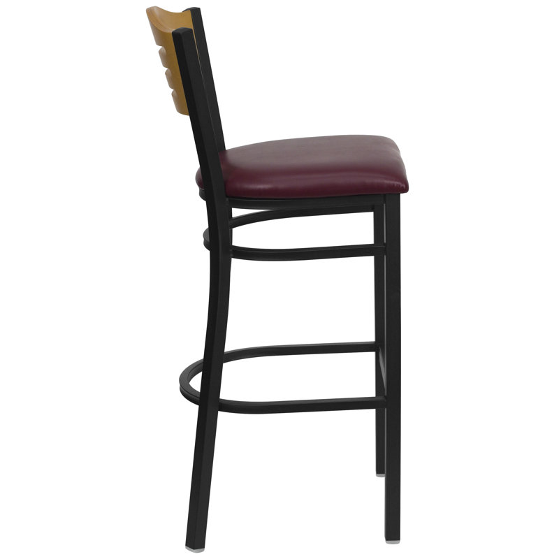 Black Metal Bar Stool with Decorative Cutout Back and Vinyl Seat