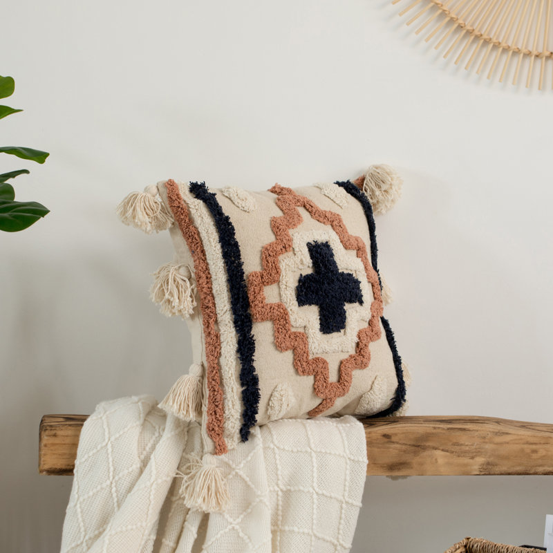16" Beige and Navy Cotton Throw Pillow with Tassels