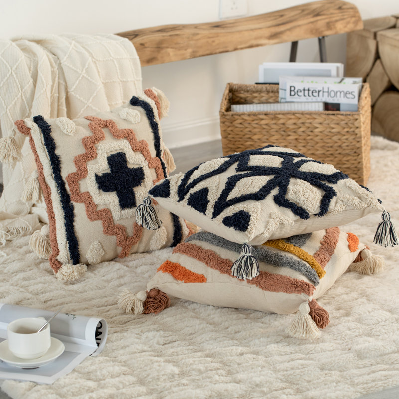 16" Beige and Navy Cotton Throw Pillow with Tassels
