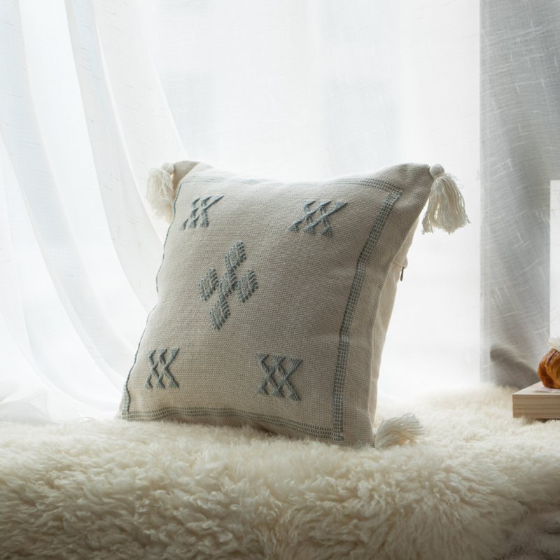 Bohemian Grey & White Cotton 16" Square Throw Pillow with Tassels
