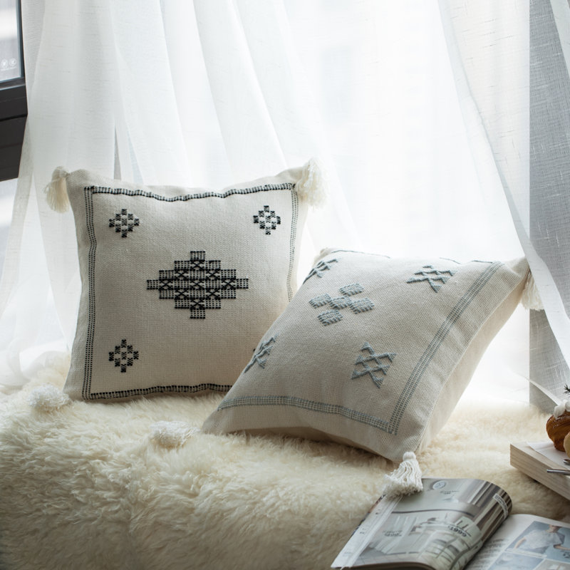 Bohemian Grey & White Cotton 16" Square Throw Pillow with Tassels