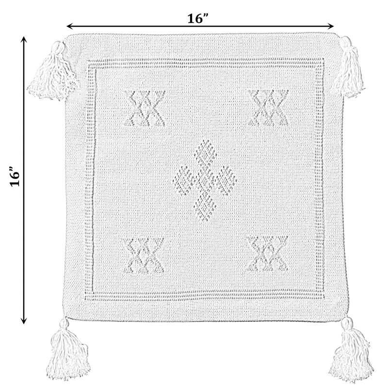Bohemian Grey & White Cotton 16" Square Throw Pillow with Tassels