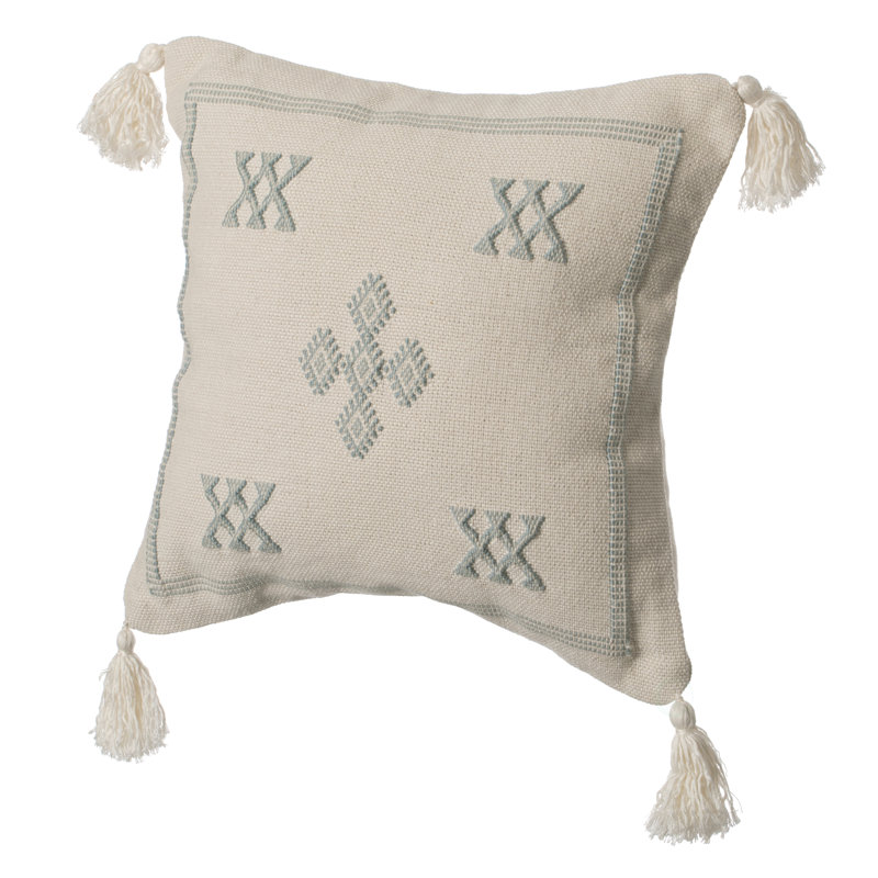 Bohemian Grey & White Cotton 16" Square Throw Pillow with Tassels