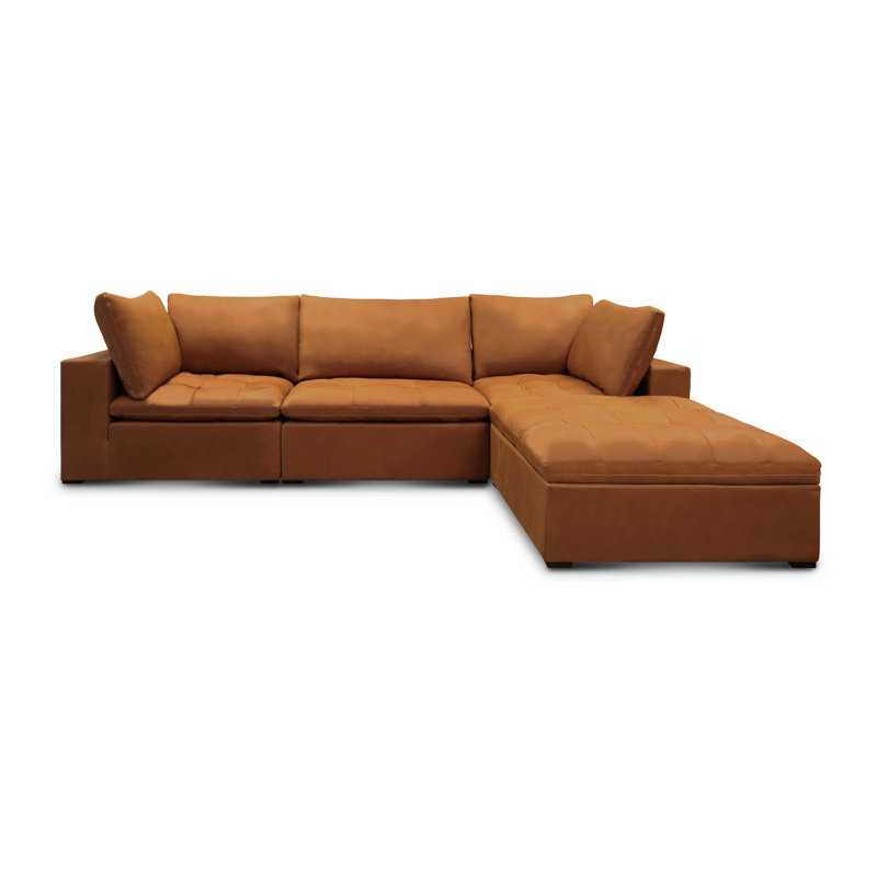 Brown Tufted Leather Modular Sectional Sofa with Ottoman