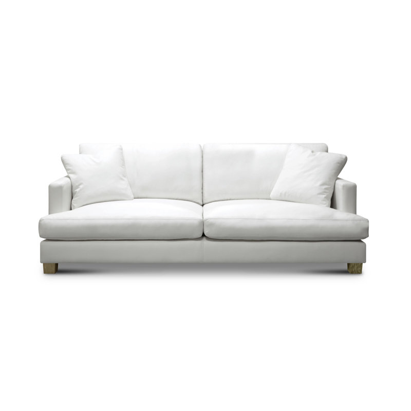 Elegant White Top Grain Leather 3-Seater Sofa with Solid Wood Legs