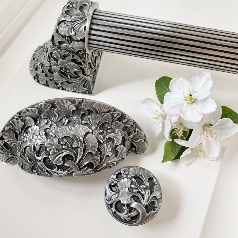 Floral Satin Nickel Cabinet Cup Pull with Mounting Hardware