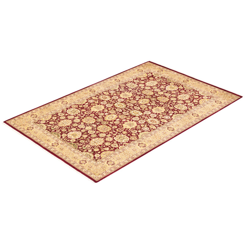 Hand-Knotted Red and Beige Wool Rectangular Area Rug