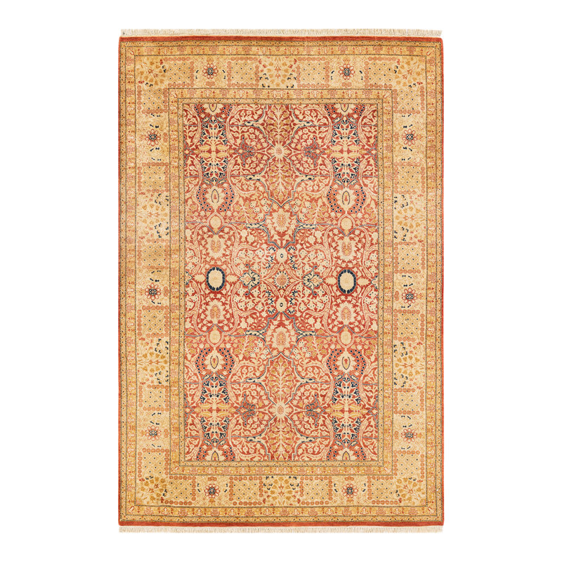 Hand-Knotted Traditional Wool Area Rug in Orange and Beige, 4'9" x 7'1"