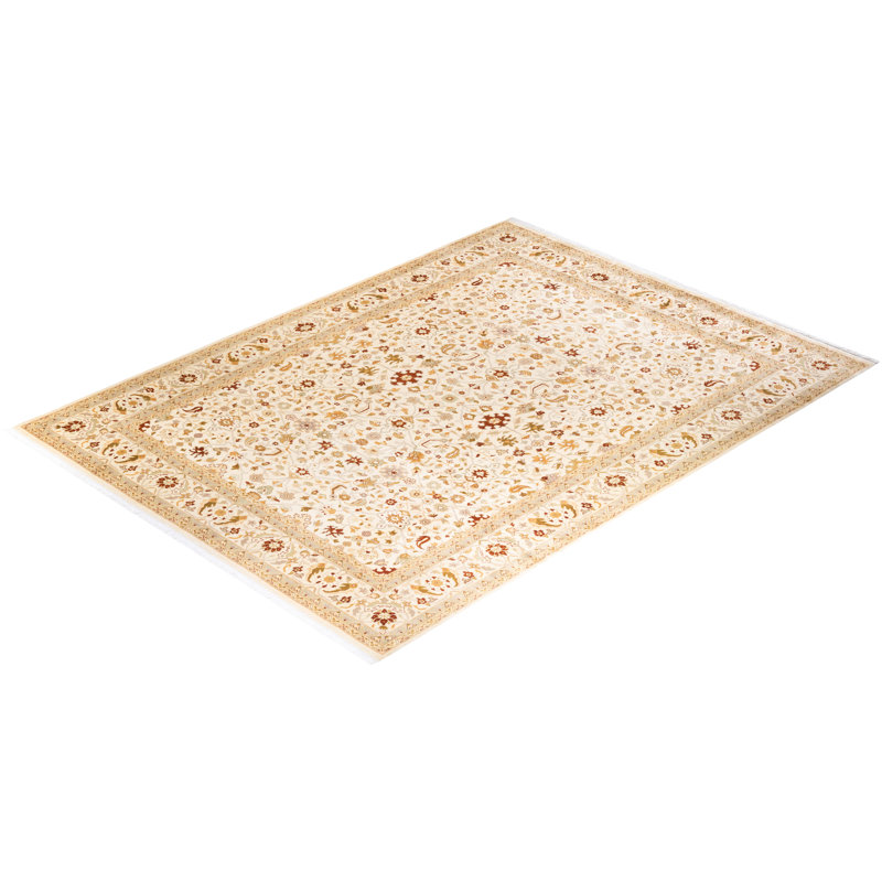 Ivory Hand-Knotted Wool Rectangular Area Rug 9' 1" x 12' 1"