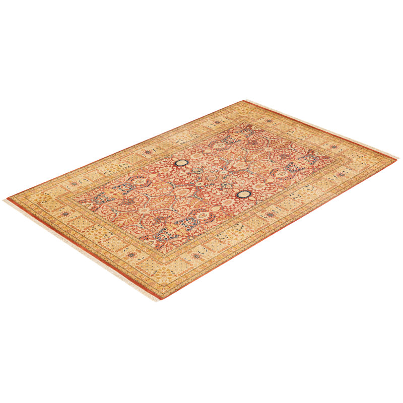Hand-Knotted Traditional Wool Area Rug in Orange and Beige, 4'9" x 7'1"