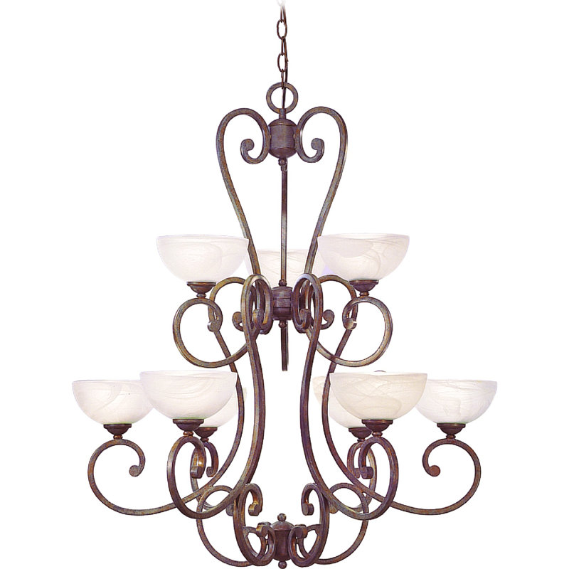 Prairie Rock Bronze 9-Light Tiered Chandelier with Alabaster Glass Shades