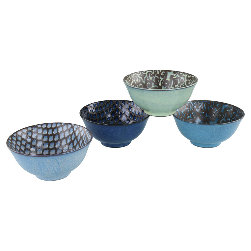Assorted Blue and Green Ceramic 24 Ounce Serving Bowls, Set of 4