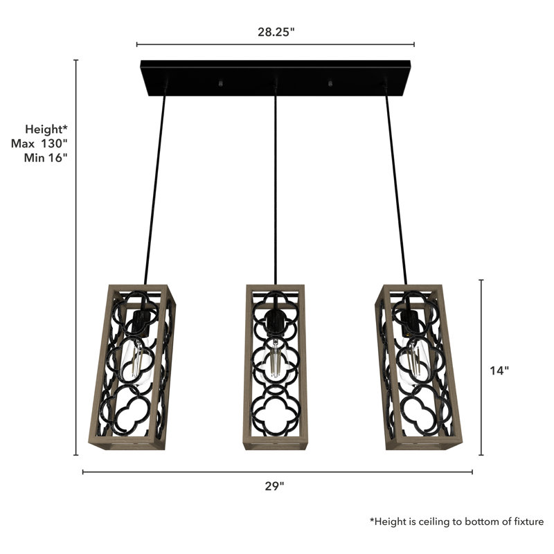 French Oak and Black Aluminum 3-Light Pendant
