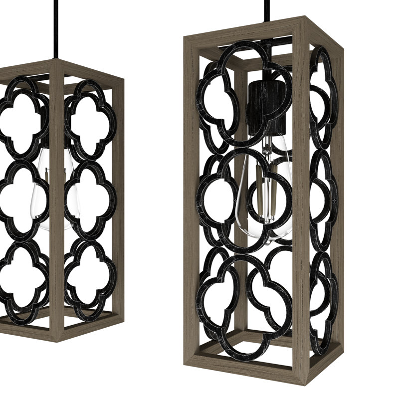 French Oak and Black Aluminum 3-Light Pendant