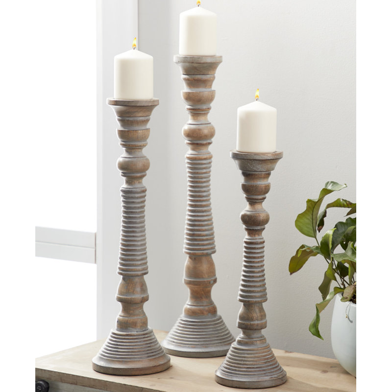 Mocha Brown Mango Wood Candlestick Trio with Gray Wash