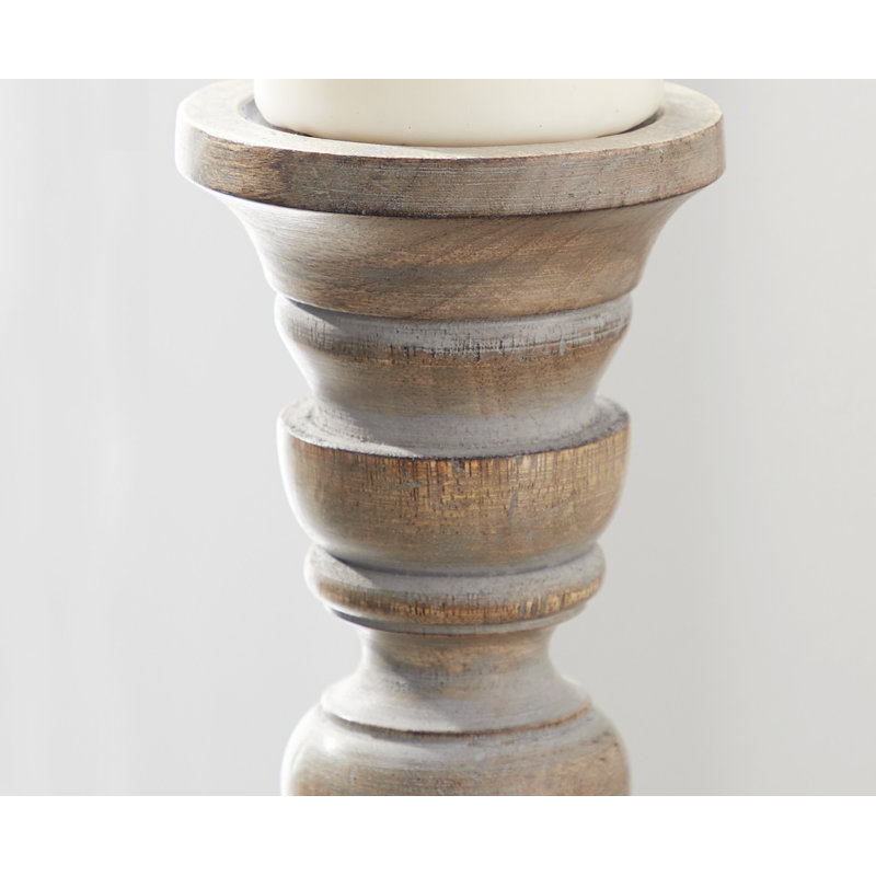 Mocha Brown Mango Wood Candlestick Trio with Gray Wash