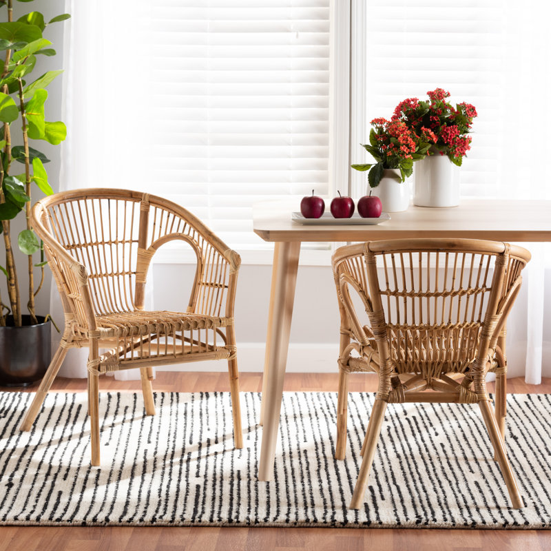 Natural Brown Rattan Slat Back Arm Chair Set