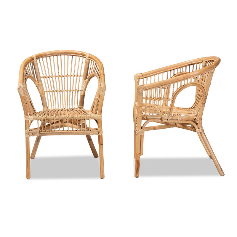 Natural Brown Rattan Slat Back Arm Chair Set
