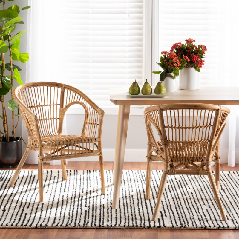 Natural Brown Rattan Slat Back Arm Chair Set