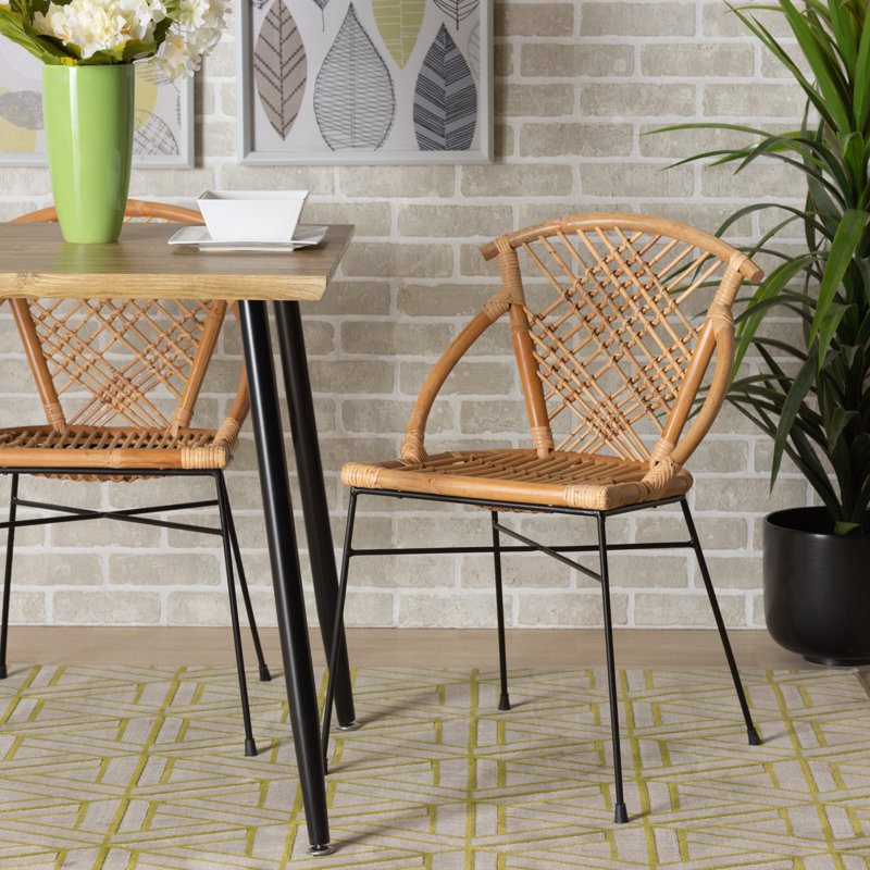 Natural Brown Rattan and Black Metal Dining Chair Set