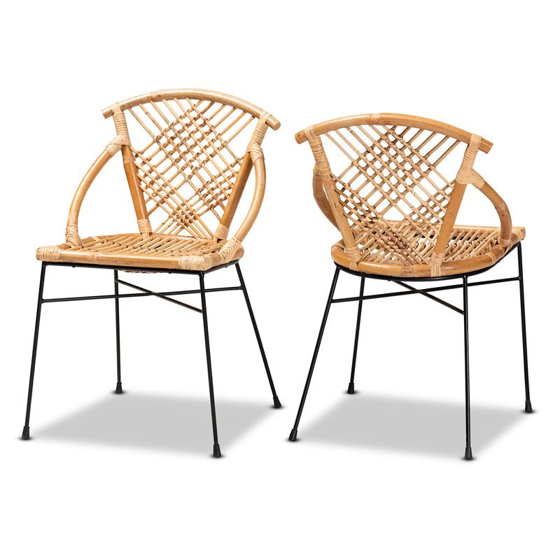Natural Brown Rattan and Black Metal Dining Chair Set