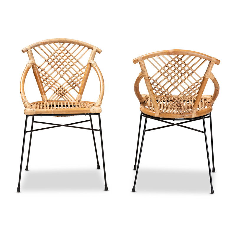 Natural Brown Rattan and Black Metal Dining Chair Set