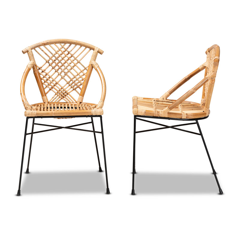 Natural Brown Rattan and Black Metal Dining Chair Set