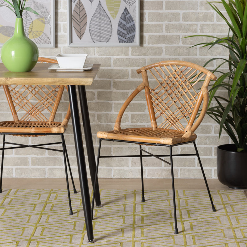 Natural Brown Rattan and Black Metal Dining Chair Set