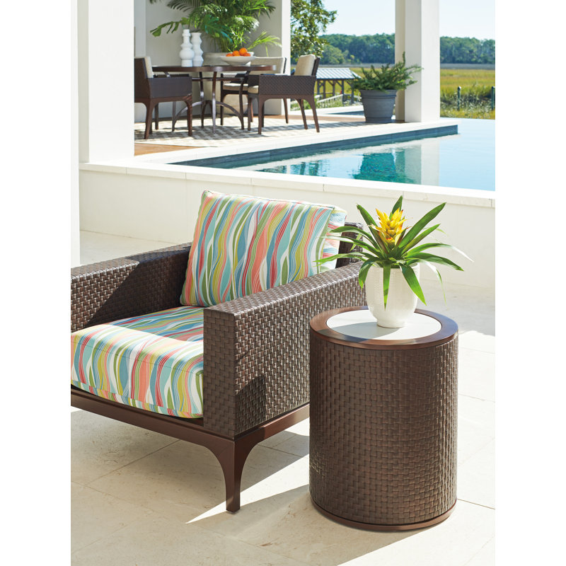 Abaco 18" Brown and White Woven Wicker Round Accent Table