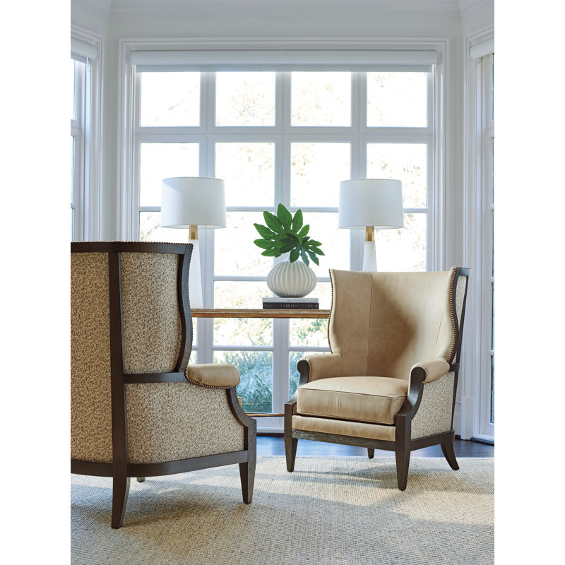 Arrowleaf Beige Leather Wing Chair with Old Brass Nail Trim